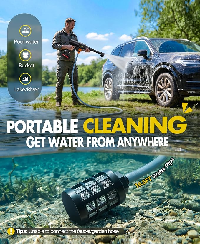 PoolLeader Cordless Car Cleaning Tool with 6-in-1 Nozzle & Foam Cannon | Lightweight Portable Design, Battery Operated Cordless Car Wash Spray, Handheld Wash Machine for Car, Patio, Home - Yellow