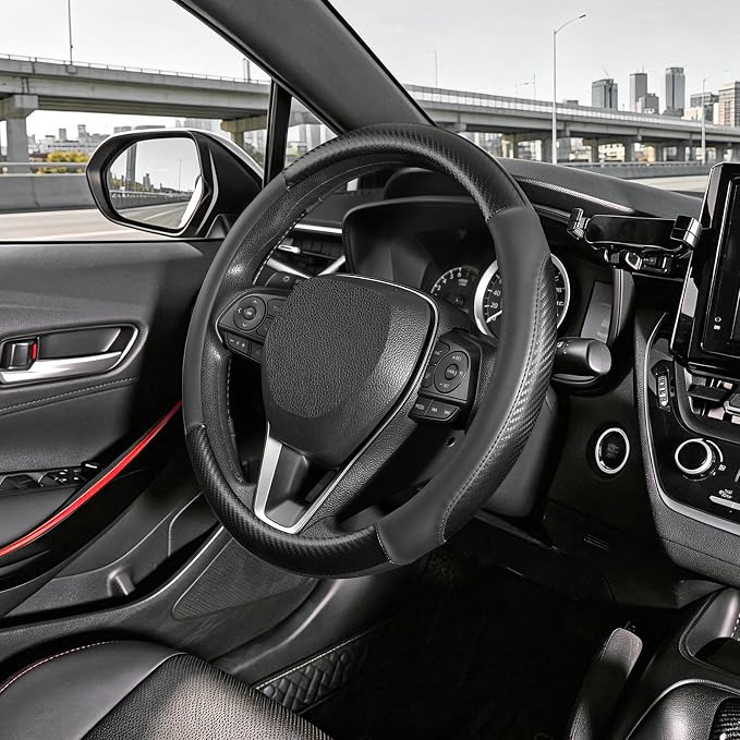 SEG Direct Car Steering Wheel Cover Standard Medium Size 14 1/2-15 inch, Non-Folding Packaging, Heavy Duty, Non-Slip, Black Microfiber Leather with Carbon Fiber Pattern