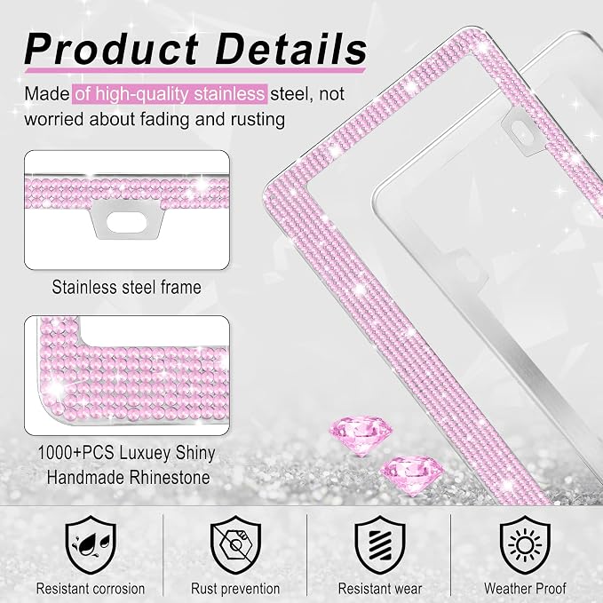 GaRhomxy Bling License Plate Frames for Women, 2 Pack Handcrafted Sparkly Rhinestone Car Accessories, Premium Stainless Steel Frame with 1000+ Faceted Glass Crystals & Free Glitter Caps (Pink)