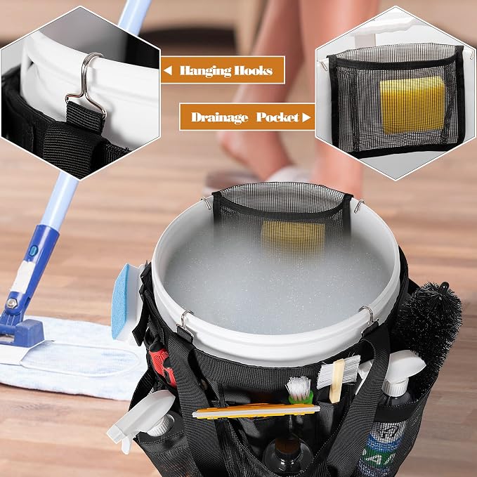HODRANT 5 Gallon Bucket Organizer with Anti-fall Hooks & Buckle | Car Wash Bucket Caddy with Mesh Pockets, 5 Gallon Cleaning Tools Bag for Home, Auto, Garden & Fishing