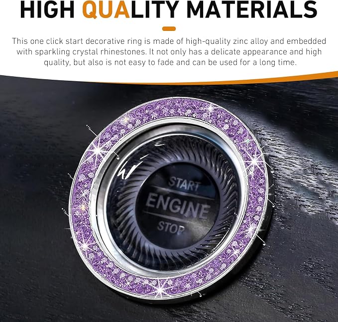 WZP 2PCS Bling Push to Start Button Cover, Crystal Rhinestone Engine Start Button Cover, Sparkling Car Interior Accessories for Women (Purple)