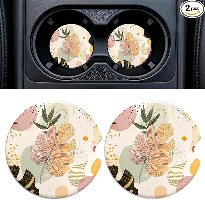 Car Cup Holder Ceramic Coasters 2 Pack, 2.56 in Anti Slip Absorbent Coaster with Cork Base and Finger Notch, Funny Cute Car Accessories Interior for Women, Boho Leaf