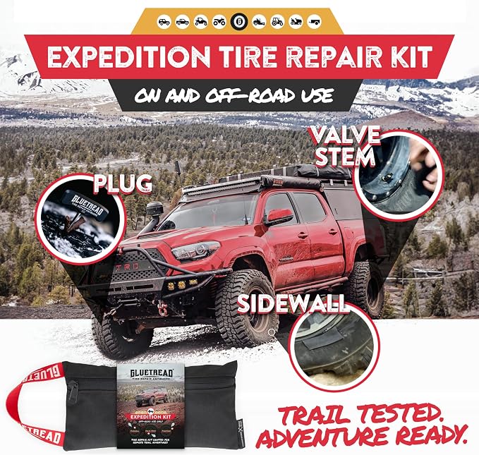 GlueTread Expedition All-Inclusive Off-Road Tire Repair Kit | Repair Any Kind of Tire Damage or Puncture | Includes Sidewall Tire Repair Patches, Plugs, and Colby Emergency Valve Stems