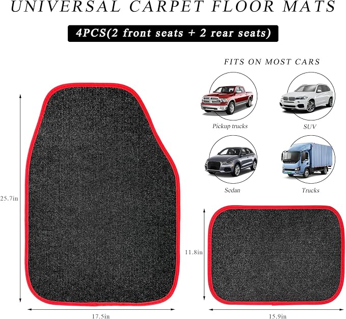 4PCS Car Floor Mats, Anti-Slip Waterproof Car Carpets with Safety Heel Pad, Heavy Duty Floor Mat for All Weather Protection, Universal Trim to Fit for Sedans Trucks SUVs (Black & Red)
