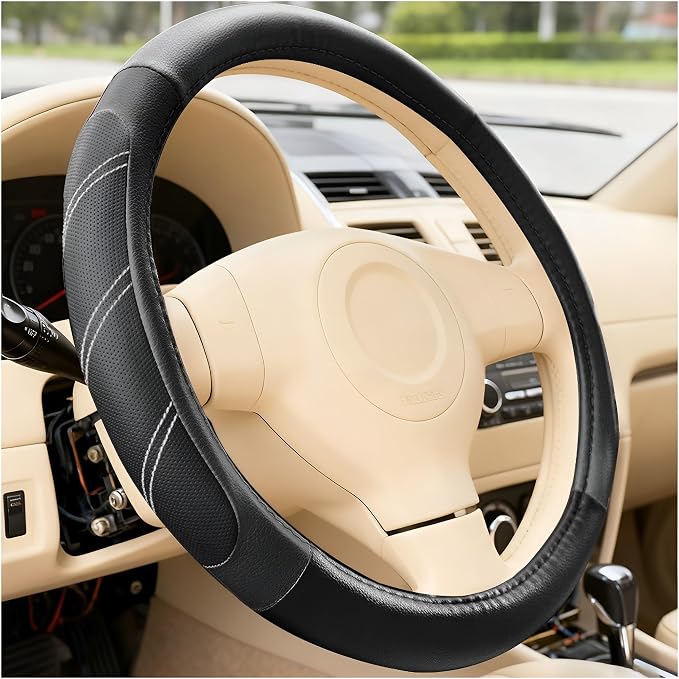 Car Steering Wheel Cover, 14.5-15" Non-Slip Soft Leather Breathable Sporty Steering Wheel Protector, Comfortable Automotive Interior Protection Accessories, Universal for Vehicles (Black)