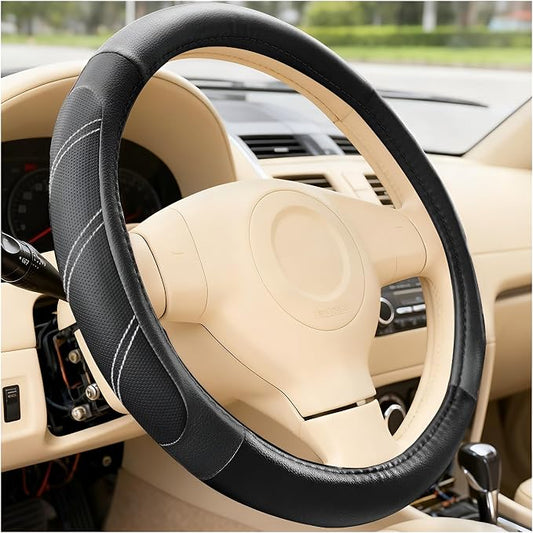 Car Steering Wheel Cover, 14.5-15" Non-Slip Soft Leather Breathable Sporty Steering Wheel Protector, Comfortable Automotive Interior Protection Accessories, Universal for Vehicles (Black)