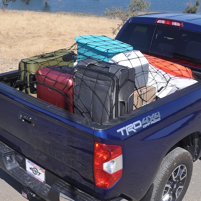 Cargo Net for Pickup Truck Bed, 4' x 6' Stretches to 8' x 12' Heavy Duty Small 4”x4” Latex Bungee Net Mesh for Road Trip, Compatible with Dodge Ram, Chevy Ford, Toyota