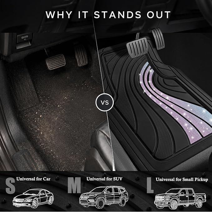 Road Comforts Car Floor Mats Full Set – Front & Rear Car Floor Mats with Aluminum Design, Anti-Slip Backing, All-Weather Protection, Trim-to-Fit Car Mats for Most Sedans, SUVs & Vans - Glitter