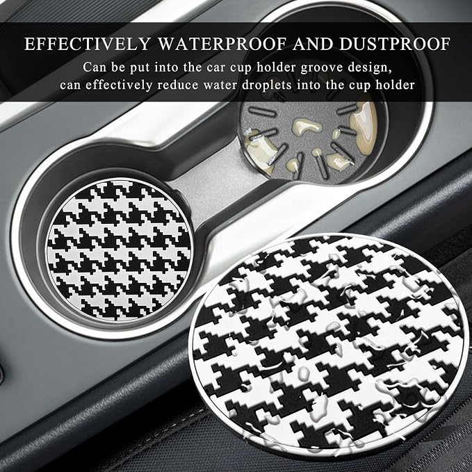 DXNQ 4 PCS Car Cup Coasters, 2.76 Inch Anti-Slip Checkered Vehicle Cup Holder Insert Coasters, Auto White & Black Drink Cup Mats for Front Console Cup Holders, Car Accessories (Houndstooth)