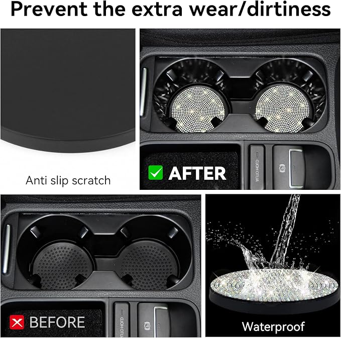SINGARO Bling Cup Holder Coasters for Car, 4PCS Universal Non-Slip Cup Holder, Embedded Decorative Coasters, Shiny Crystal Car Interior Accessories Gifts for Women (AB-Color)