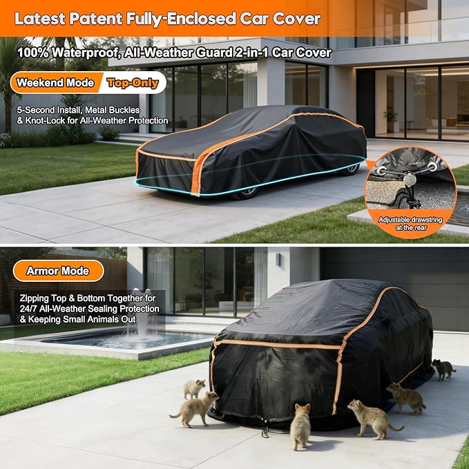 All-Weather Waterproof Heavy-Duty Car Cover – Universal Fit for Sedans 186-208" Long (BMW 5, Accord, ES350, S90, A6, Lacrosse, CT5) with UV & Tear Protection.