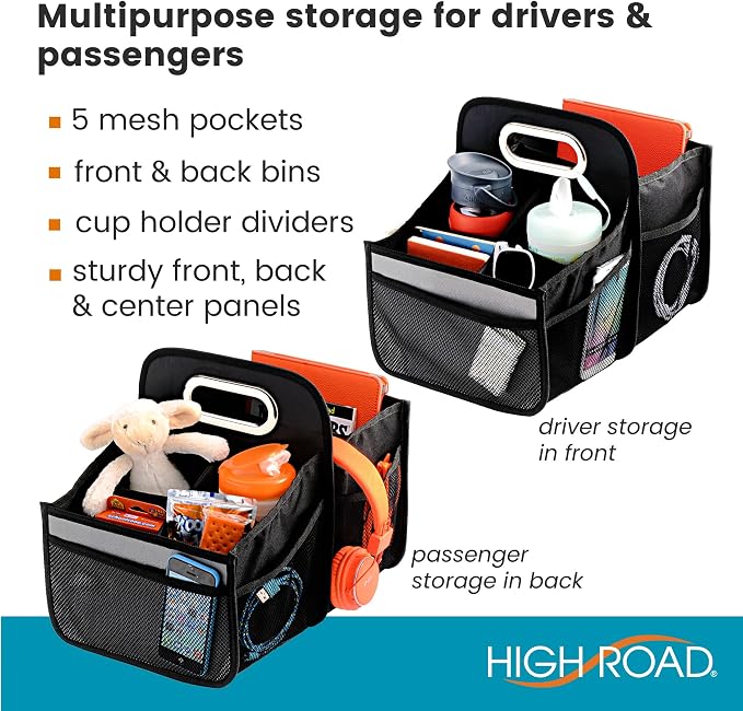 High Road Car Caddy Organizer with Cup Holders and Easy Carry Handle | Front Seat Organizer for Adults and Backseat Car Organizer for Kids Keeps Car Seats Clutter Free