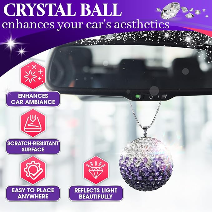 Bling Car Accessories - Elegant 1.37" Crystal Ball Rear View Mirror Charm with Hand-Set Sparkling Rhinestone and 17.7" Long Chain - Bling Rear View Mirror Accessories, Сrystal Сar Hanging Ornament