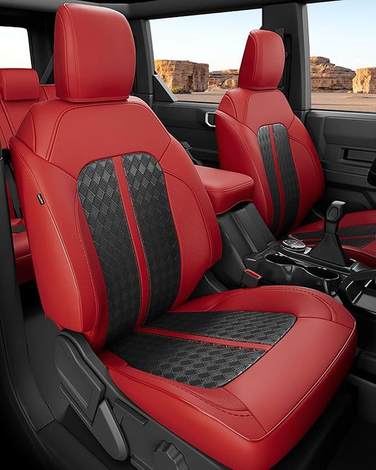 Custom Fit Leather Seat Covers for 2021-2026 Ford Bronco 4 Door | OEM fit, premium waterproof leather, full coverage, anti-slip, storage pockets, long-term durability, airbag compatible