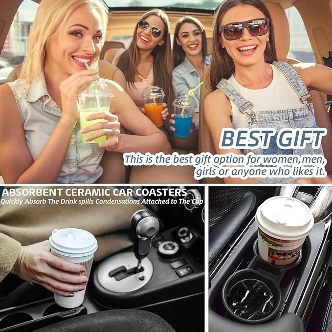 Cup Holder for Car,Black Marble Clean Style Ceramic Coasters Non-Slip Cup Holder Insert with Fingertip Grip, Auto Interior Accessories for Women & Men,Pack of 2, 2.56In