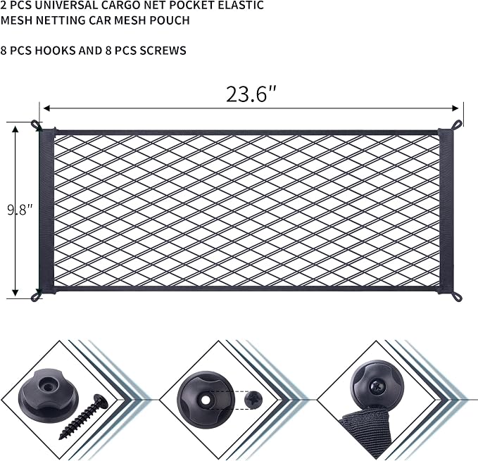 2 Pcs Universal Stretch Mesh Car Mesh Bag with Screws and Hooks for Trunk RV Boats Home Cargo Storage (23.6'' x 9.8'')