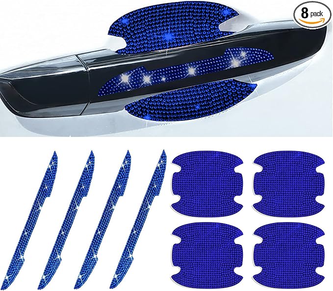 8Pcs Bling Rhinestone Car Door Handle Stickers Protector, Trim Auto Door Entry Guard Bling Stickers Car Accessories for Women and Men, Universal Car Accessories for All Cars (Blue)