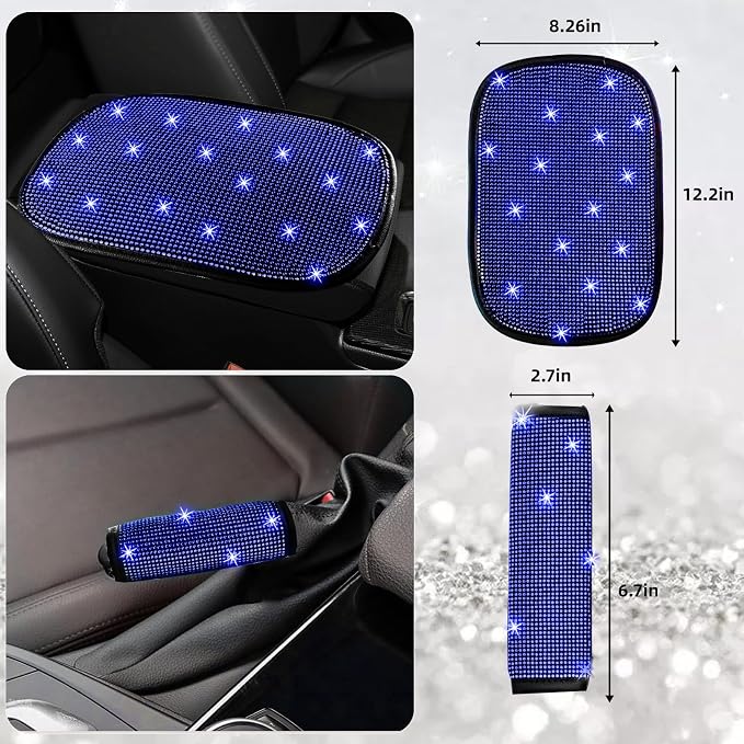 NBTEPEM 30 Pcs Blue Bling Car Accessories Set for Women, Blue Steering Wheel Cover Set, Bling Console Cover, Seat Belt Cushion, Shift Knob Cushion, Cup Coaster, Rhinestone Car Hanging Accessories