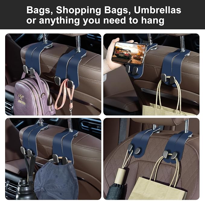 CoBak Purse Hook for Car - Universal Premium Stitched Leather and Aluminum-Magnesium Alloy Double Car Seat Back Storage Hook for Purses, Handbags, Bags (2 Pack),Indigo Blue