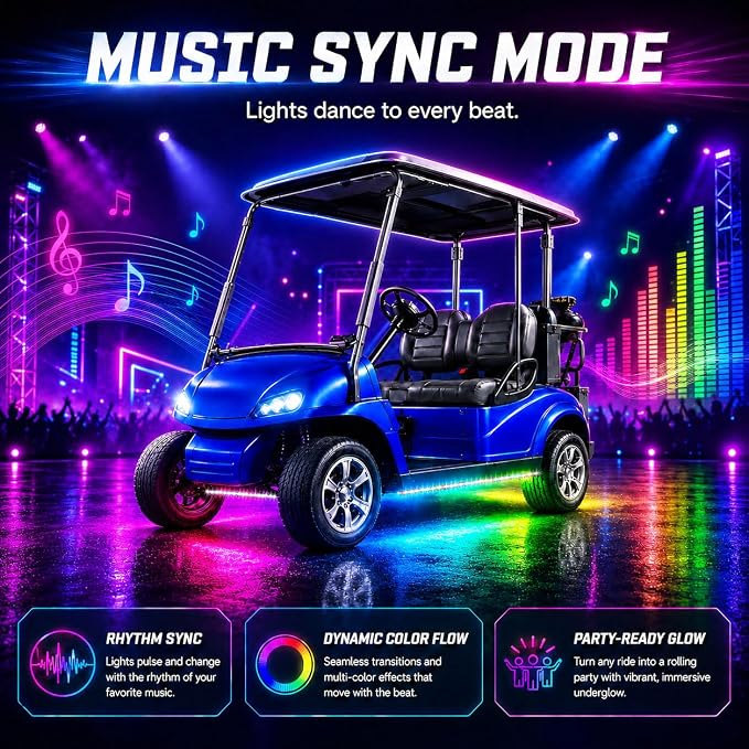 Roykaw Golf Cart Underglow LED Strip Lights Accent Neon Lighting Kit for EZGO Yamaha Club Car, Million Colors/Waterproof IP68/Sync to Music, 12V - 80V Input (No Need Extra Voltage Reducer)