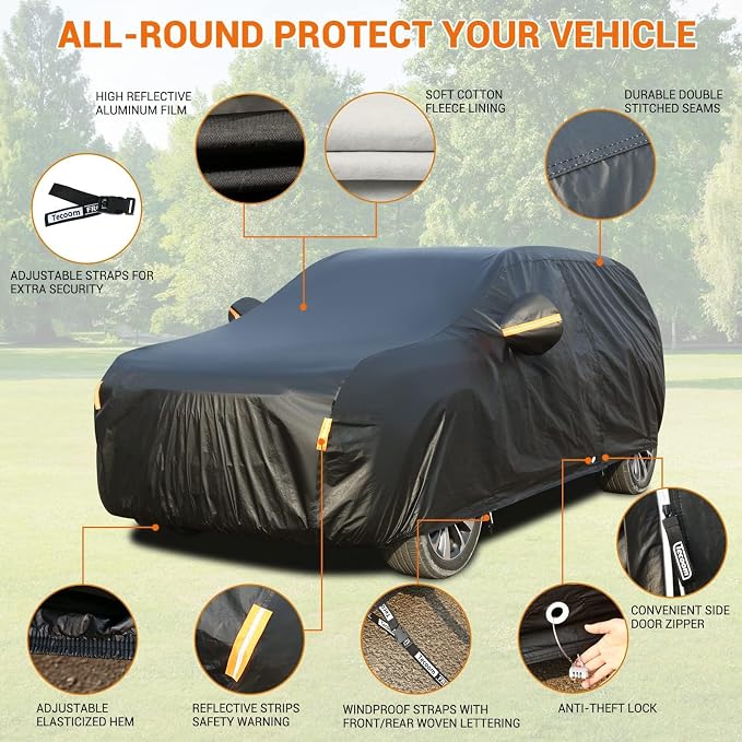 Tecoom Waterproof All Weather SUV Car Cover, Cotton Lined with Lock & Zipper Door, UV Snow Wind Dust Hail Storm Protection, Full Outdoor Cover Fit for SUV (216"–230"), Black
