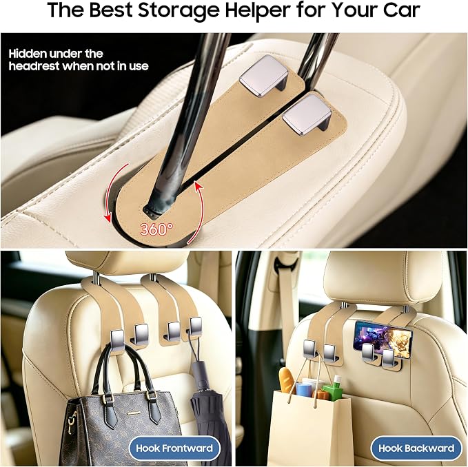 Amooca Car Headrest Hooks, Premium Suede with Metal Car Seat Back Storage Hooks for Handbag Coats Umbrella Backpack - 2 Pack, Beige