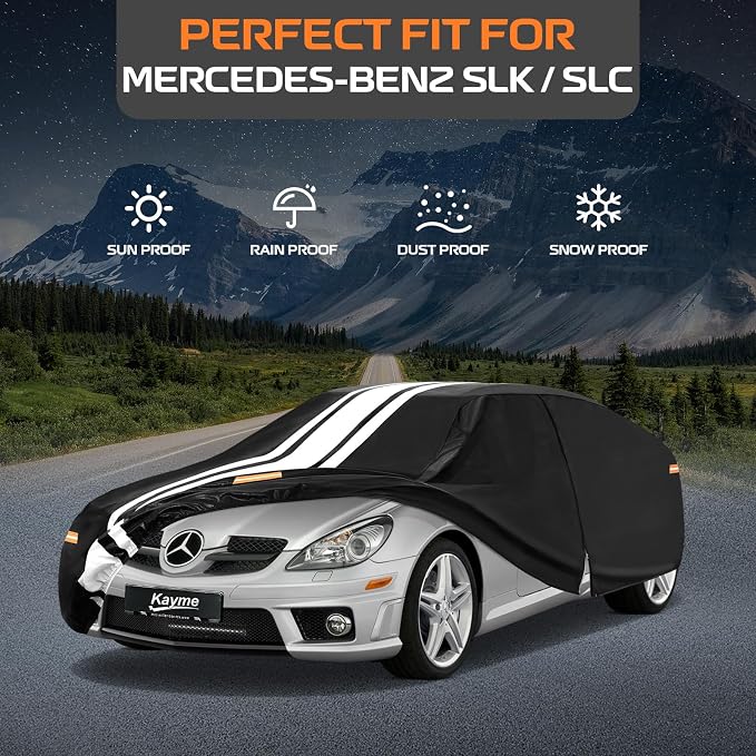Kayme Heavy Duty Car Cover Custom Fit for Mercedes-Benz SLK/SLC Class 200 230 280 300 350 (1996-2021), Outdoor Full Exterior Cover with Tape and Towel, Rain Snow Sun UV Protection.