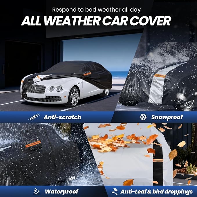 Multi-Layer Car Cover Custom Fit for Bentley Flying Spur(2013-2026), 100% Waterproof All Weather for Automobiles, Gift with Towel, Heavy Duty Car Covers for Rain Sun UV Protection with Door Zipper.