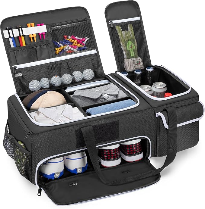 DSLEAF 2 Layer Golf Trunk Organizer, Golf Car Locker for Men & Women, Black | Reinforced Structure, Bottom Shoe Space for 2 Pair of Golf Shoes, Multiple Pockets for Balls, Tees and Gloves