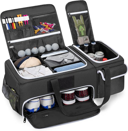 DSLEAF 2 Layer Golf Trunk Organizer, Golf Car Locker for Men & Women, Black | Reinforced Structure, Bottom Shoe Space for 2 Pair of Golf Shoes, Multiple Pockets for Balls, Tees and Gloves