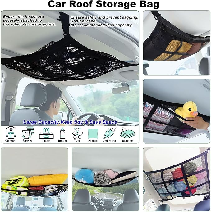 Car Ceiling Cargo Net for SUV,Car Ceiling Storage,Load Capacity Automotive Cargo nets Interior Accessories for Van,Double-Layer Mesh Automotive Roof Camping Essentials (30.7"x20.8")