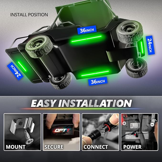 OPT7 Aura Pro RGB Aluminum Golf Cart Underglow with App & Remote, 12V | Waterproof Rigid LED Bar, Multicolor Music Sync Lighting, Neon Accent Lights, Outdoor Decoration for EZGO Yamaha Club Car