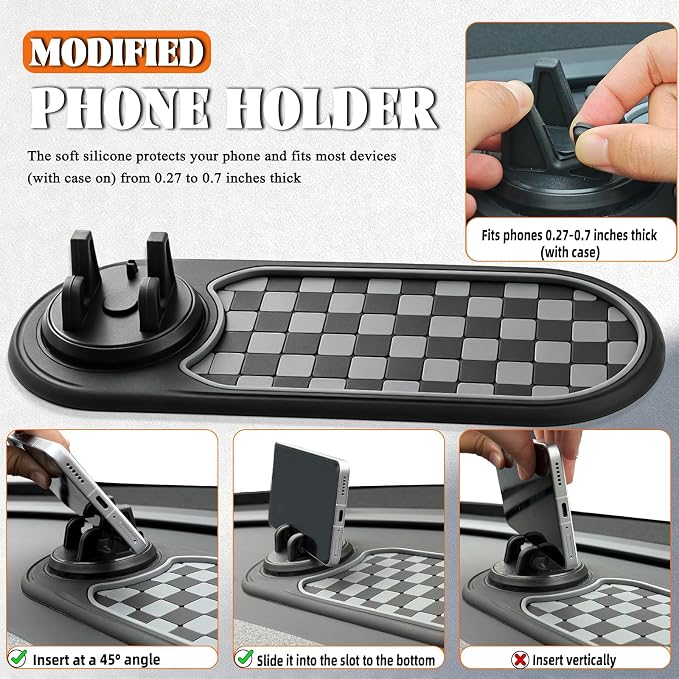 Multifunctional Car Anti-Slip Mat with 360° Rotating Phone Holder – 3 in 1 Anti Slip Mat for Car, Dashboard Mat Anti Slip Pad for Car Dashboard Organizer for Sunglasses, Keys