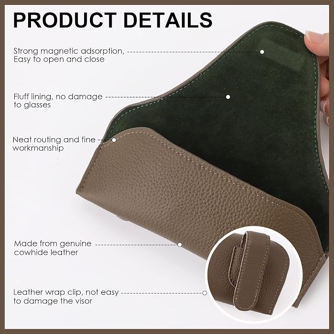 Magnetic Sunglass Holder for Car Visor, Leather Car Glasses Holder | Khaki Visor Accessories Eyeglasses Holder Glasses Storage Case