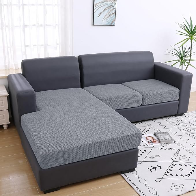 Smiry Waterproof Couch Cushion Covers, Stretch Jacquard Thick Sofa Cushion Covers, Washable Seat Slipcover Elastic Furniture Protector for Pets, Kid (Chaise Cover, Light Grey)