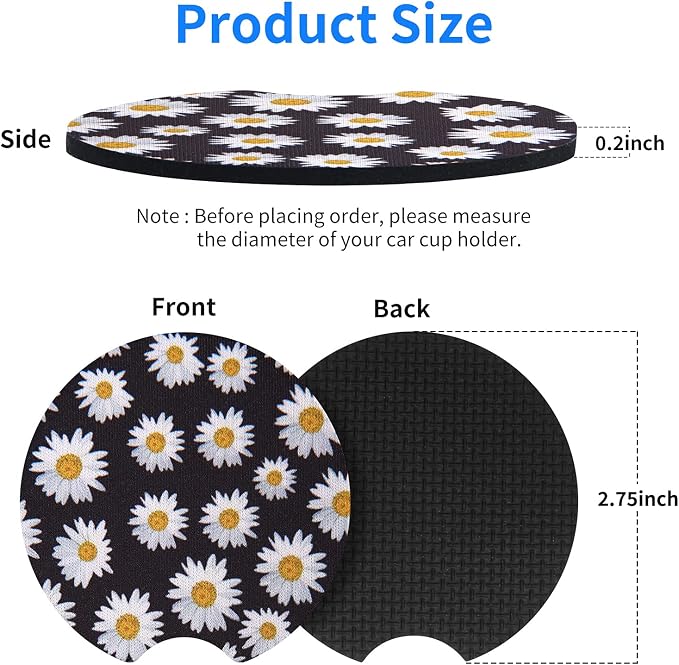 tifanso 2PCS Daisy Non-Slip Car Cup Holder Coasters for Women | Universal Fit for Standard Cup Holders, Easy to Clean & Remove, Adorable Floral Decor, Ideal Gift for Girls & Car Lovers