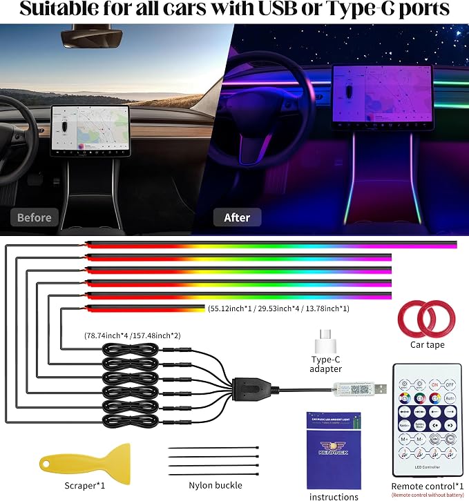 KENANEK 55.12Inch 6in1 Tesla Interior Lights, 5V USB & Type-C Powered, Acrylic Interior Car LED Strip Lights, App Controlled Music Sync, OEM-Style Ambient Lighting with Dreamcolor Effects