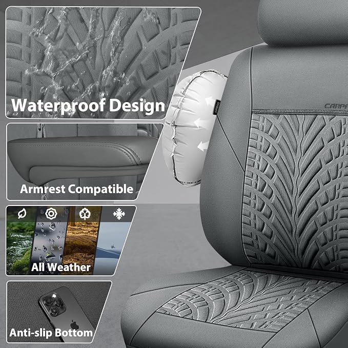 CAR PASS Neoprene Waterproof Seat Covers Full Sets, Wetsuit Car Seat Covers 5 Seats Universal Fit for Vans, Truck, SUV, 3D Tyre Embossed Seat Covers Anti Slip with Armrests, Aibag Compatible(All Gray)