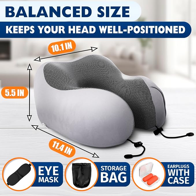 100% Memory Foam Plane Neck Pillow for Long Flights with Adjustable Button Closure – 4-in-1 Set with 3D Eye Mask, Earplugs & Washable Cotton Cover – Airplane Pillow Neck Support for Car & Train (Gray)