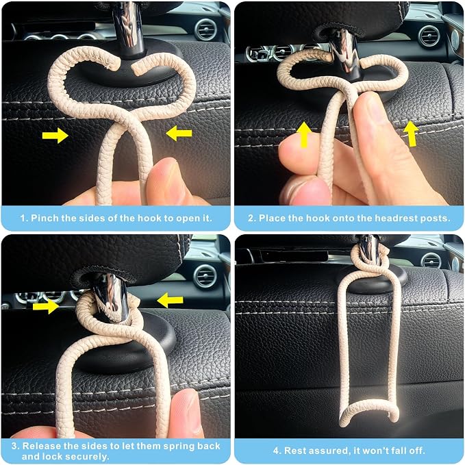 Purse Hooks for Car - 2 Pack Back Seat Storage Holder - Beige Leather/2L | Universal Car Headrest Hanger with Anti-Drop Lock Loop for Hat Bag Grocery Handbag Coat Must Have Stuff for Vehicle Truck SUV
