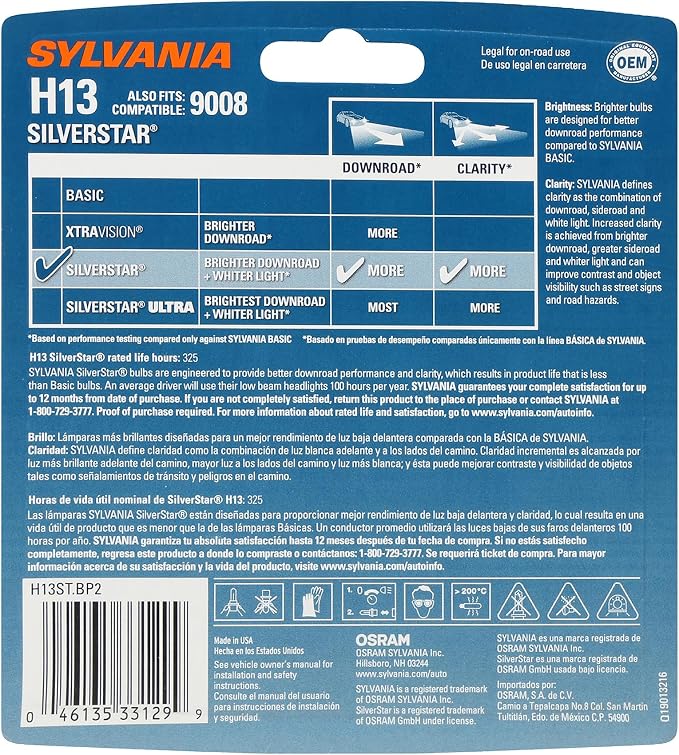SYLVANIA - H13 SilverStar - High Performance Halogen Headlight Bulb, High Beam, Low Beam and Fog Replacement Bulb, Brighter Down Road with Whiter Light (Contains 2 Bulbs)