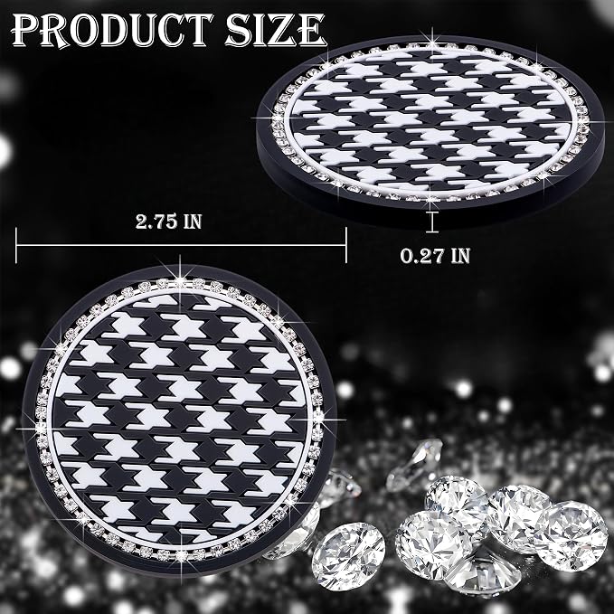 2PCS Sparkly Bling Car Cup Holder Inserts – 2.75 Inch Soft Silicone Coasters, Anti-Slip & Shockproof, Cute Vehicle Accessories for Women Girls (Houndstooth)