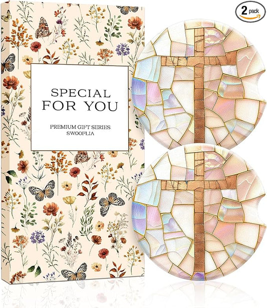 Swooflia Car Coasters for Women - Jesus Ceramic Car Cupholder Coaster Cool Absorbent Mat Coaster with Cork Base 2 Pack Automotive Cup Holder Accessories New Driver Gifts for Decor