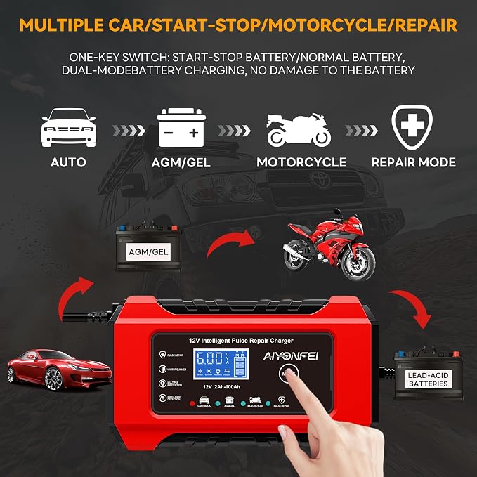 6A 12V Car Battery Charger Smart Maintainer Trickle Charger, Red | Smart Battery Desulfator, Temperature Compensation, for Car Truck Motorcycle, Lawn Mower Marine