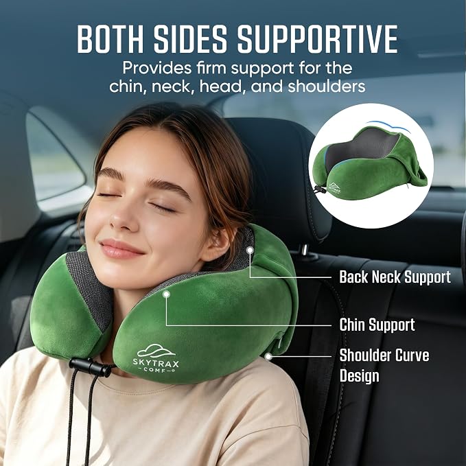 SkytraxComf® Travel Neck Pillow with Hood for Privacy on Long Flights | Memory Foam | Airplane Sleep | Safety-Tested Materials | Extra Large Hood | Chin Support | Earplugs | Washable Cover