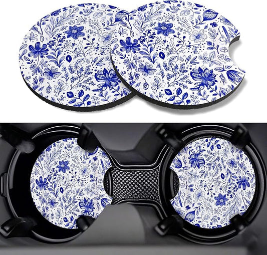 Car Cup Coasters,2 Pack Car Coaster,2.75inch Anti Slip and Absorbent Cars Coasters for Cup Holders,Neopren Accessories for Women,Cute Decor for Women (Blue and White Flower)