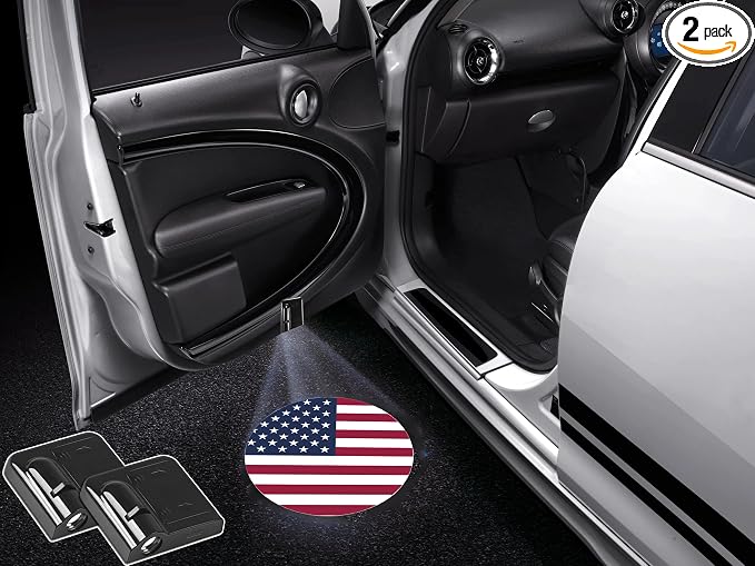 NewL 2 Pcs Led Car Door Welcome Projector Light for Round American USA Flag | Clear ghost shadow projection, no damage to wiring, easy to install on car doors, universal fit for most vehicles