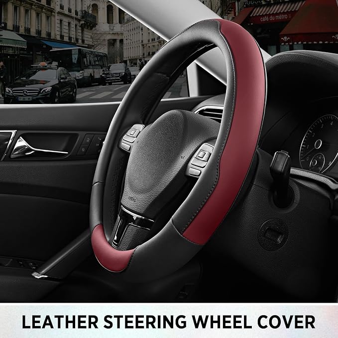 Road Comforts Steering Wheel Cover, Breathable Anti-Slip Leather Steering Wheel Cover, Universal Fit 14.5–15 Inch, Comfortable Grip - Redwine Color