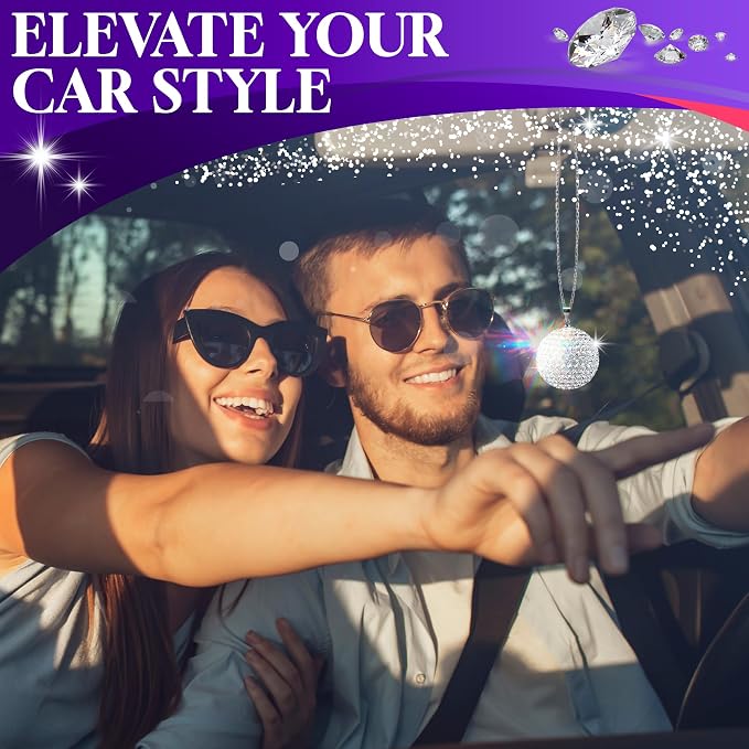 Bling Car Accessories - Elegant 1.37" Crystal Ball Rear View Mirror Charm with Hand-Set Sparkling Rhinestone and 17.7" Long Chain - Bling Rear View Mirror Accessories, Crystal Car Hanging Ornament