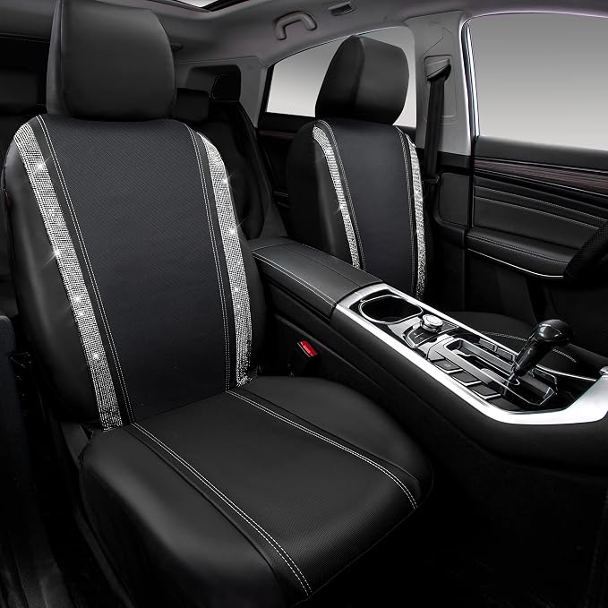 CAR PASS Leather Bling Diamond Car Seat Cover 2 Front Interior Sets, Waterproof Universal Shining Glitter Crystal Sparkle Fit for 95% Automotive Truck SUV Cute Women Girl, Black Silver Rhinestone